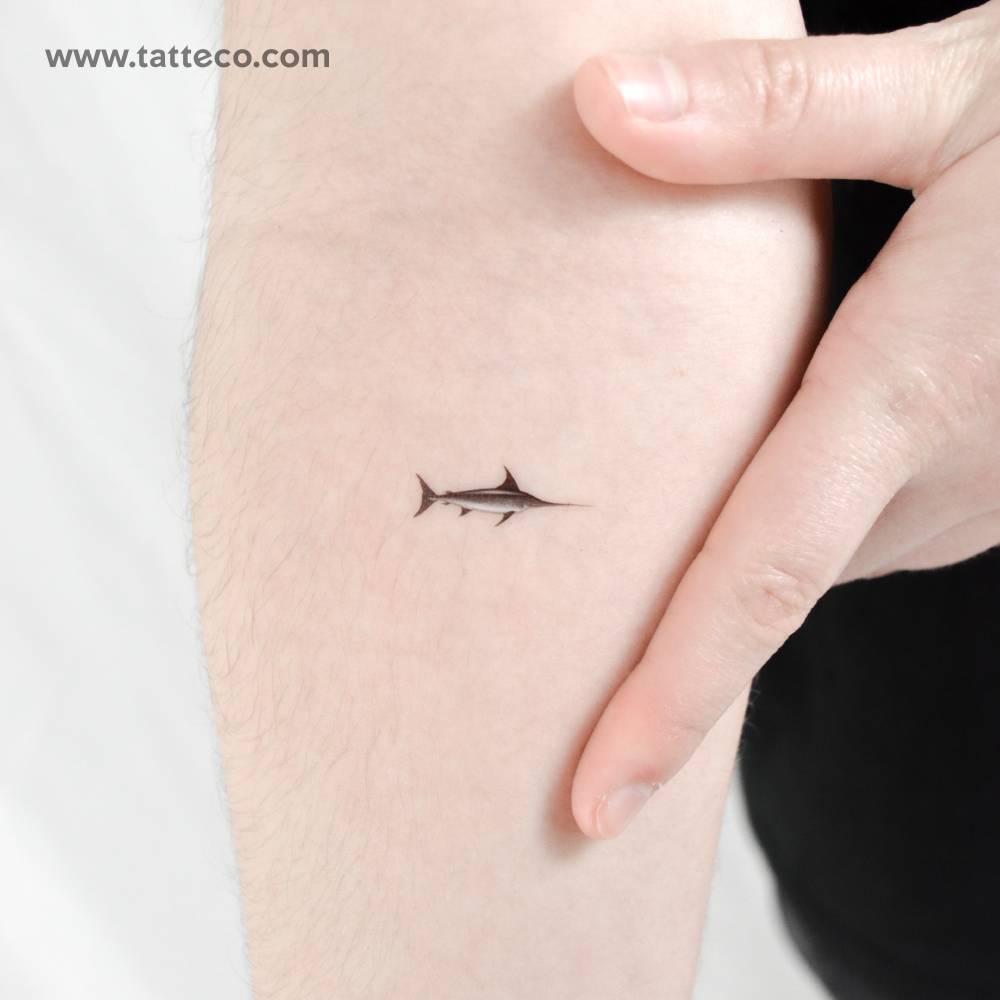 Swordfish temporary tattoo in micro-realistic style.