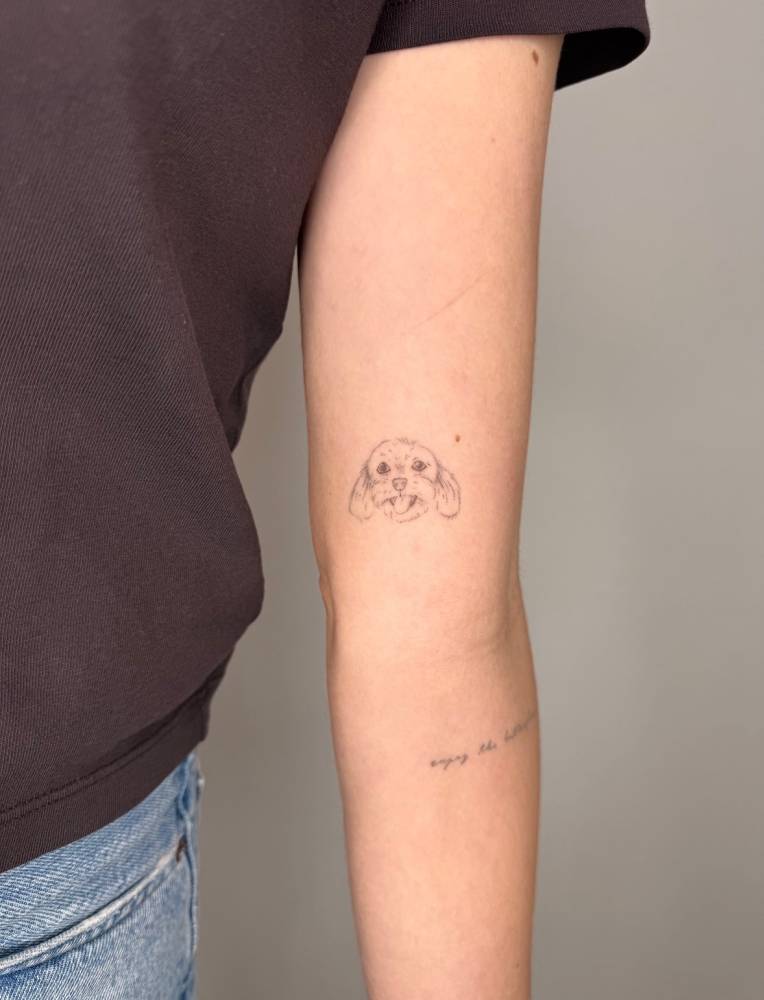 Single needle Shih Tzu portrait tattoo located on the inner arm.