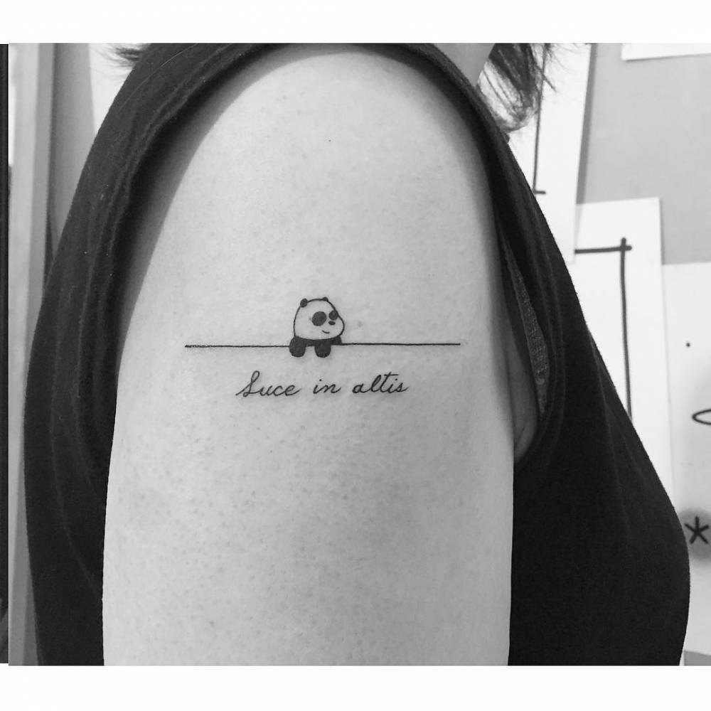 "Luce in altis" and panda bear tattoo located on the upper arm.