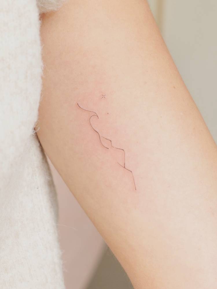 Wave and mountain tattoo located on the inner arm.