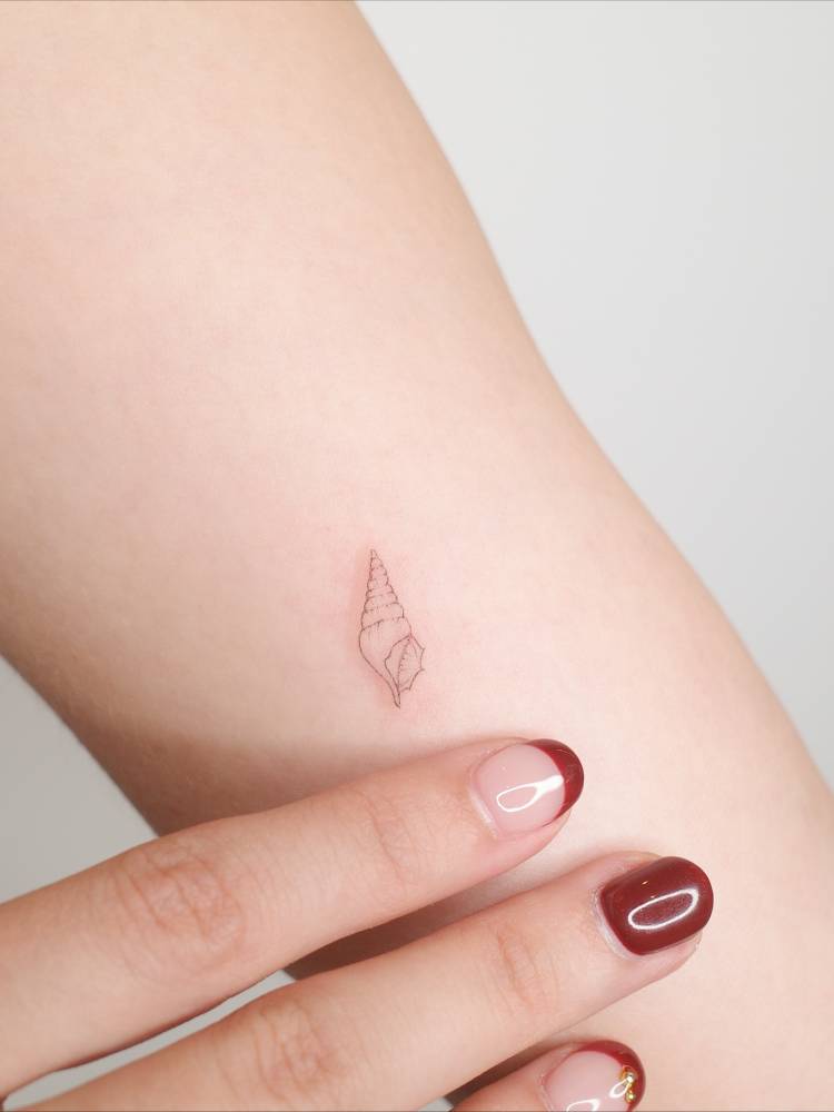 Tiny tulip shell tattoo in fine line style placed on the inner arm.