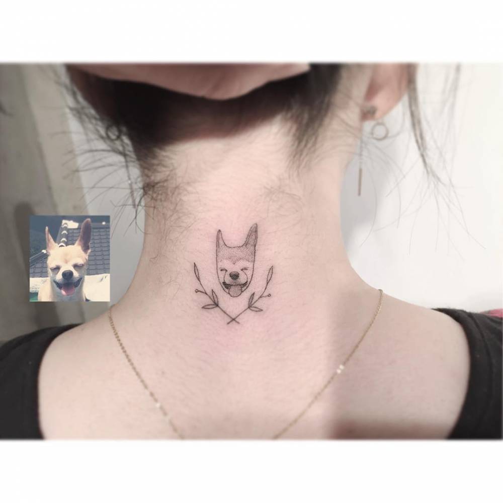 Chihuahua portrait tattoo in illustrative style located on the back of the neck.