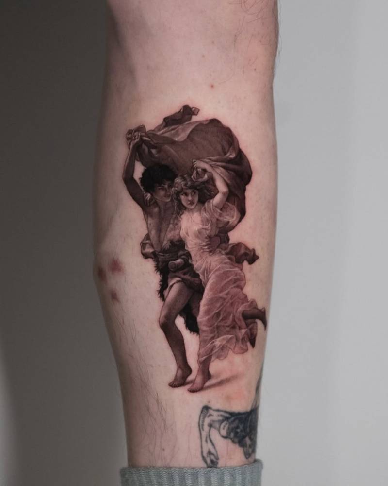 'The Storm' tattoo located on the calf, done in classical style.