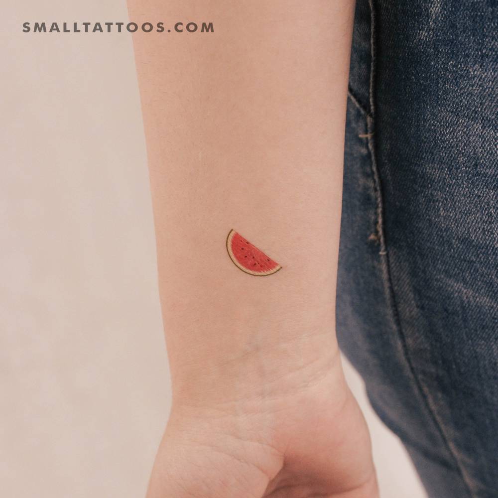 Illustrative style watermelon temporary tattoo located on the wrist.