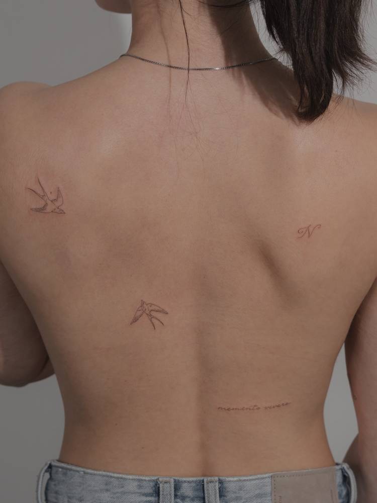 Swallows, letter "N" and "memento vivere" tattoos located on the back.