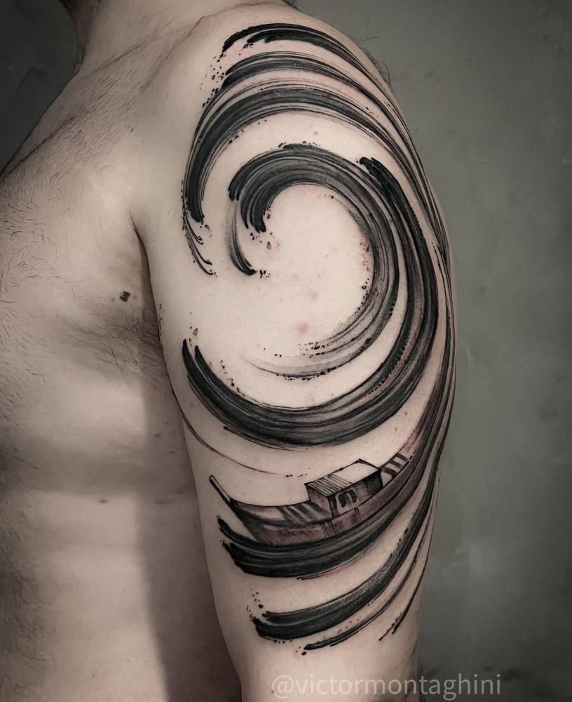 Abstract boat and wave tattoo in watercolor style.