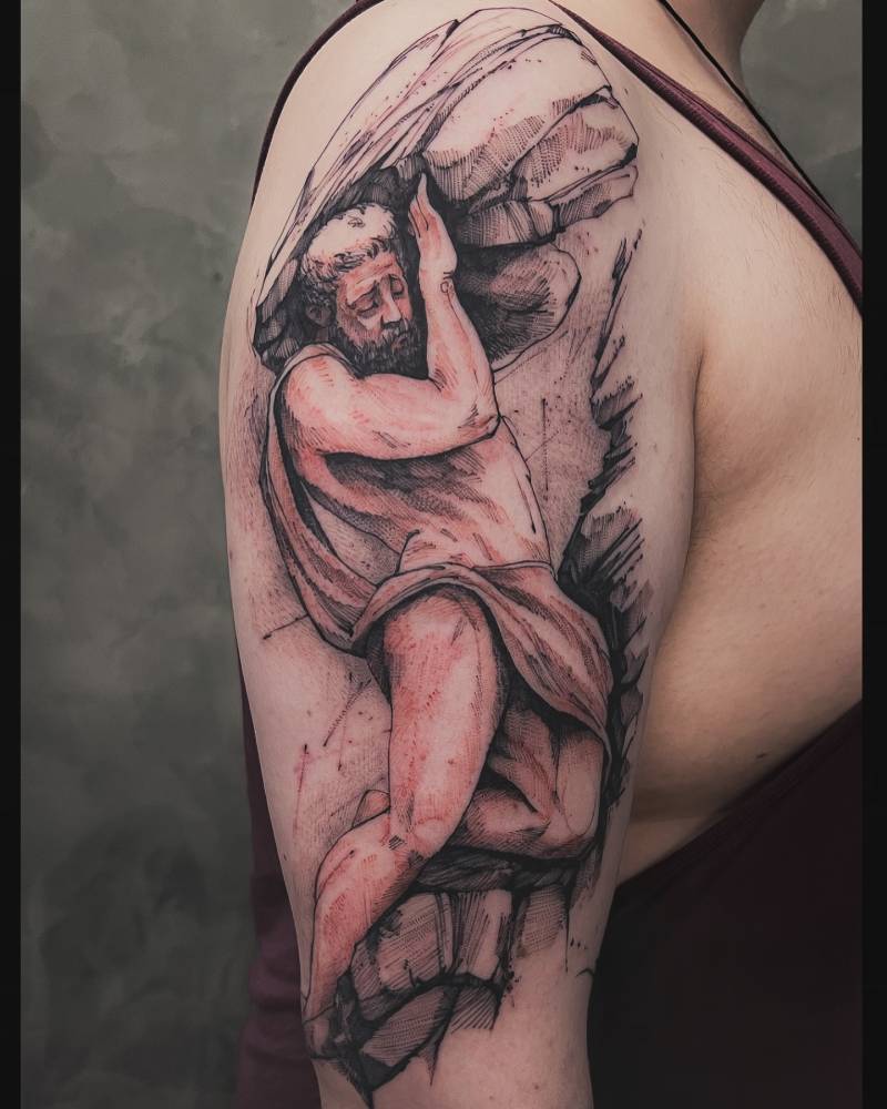 “Sisyphus” tattoo in sketch work style.