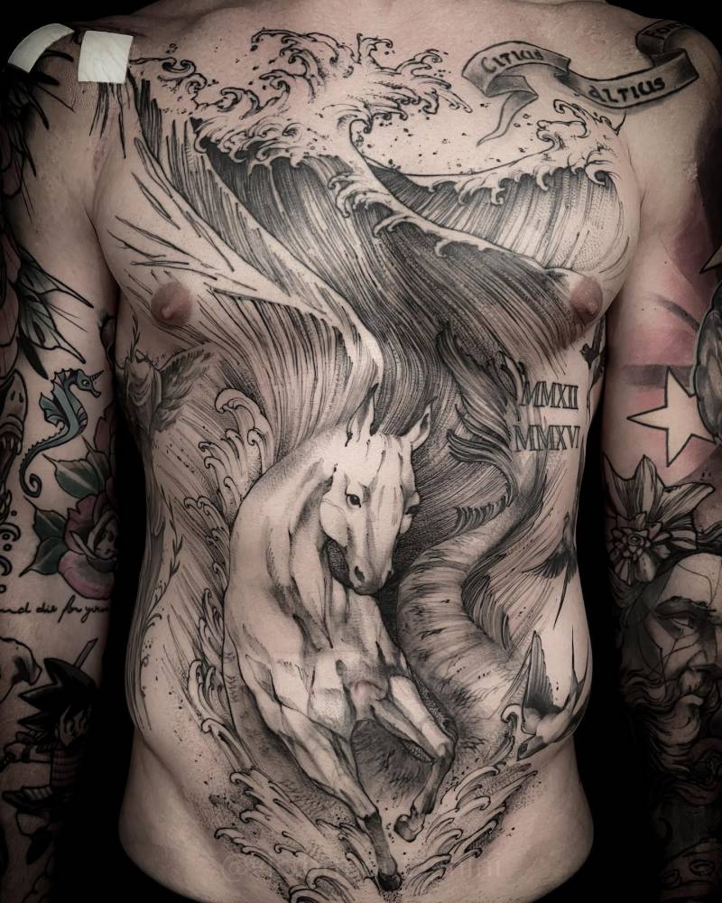 Hippocampus tattoo in sketch work style located on the torso.