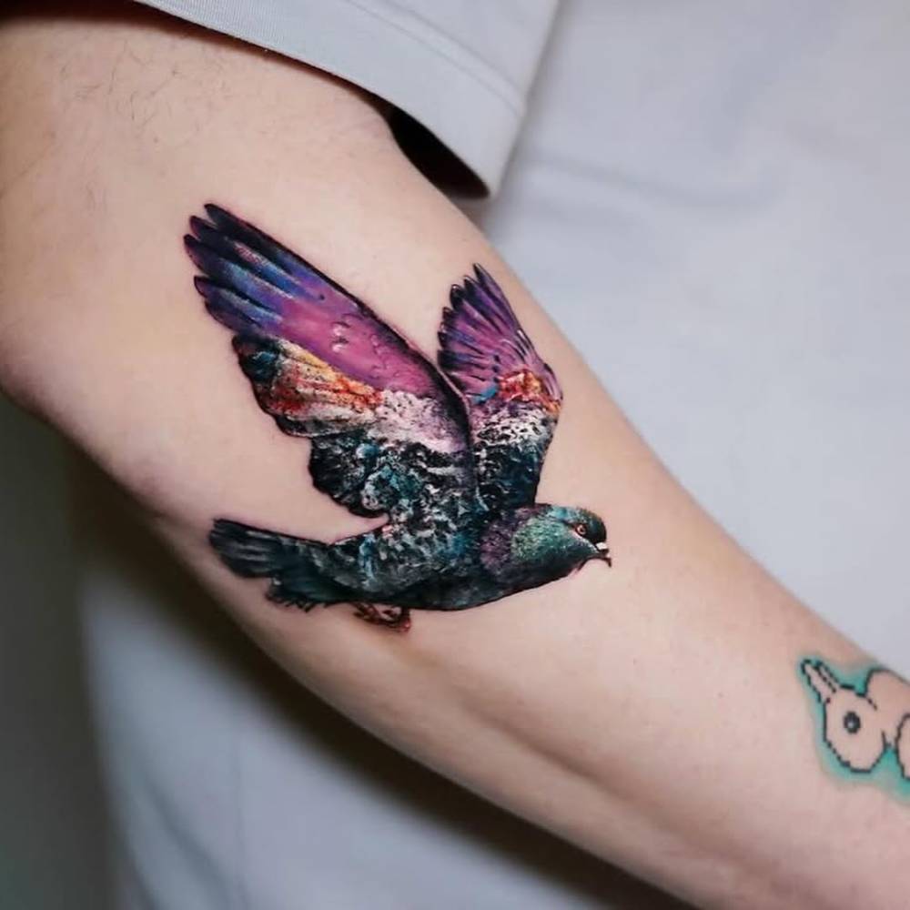 Pigeon tattoo done in micro-realistic style located on the forearm.