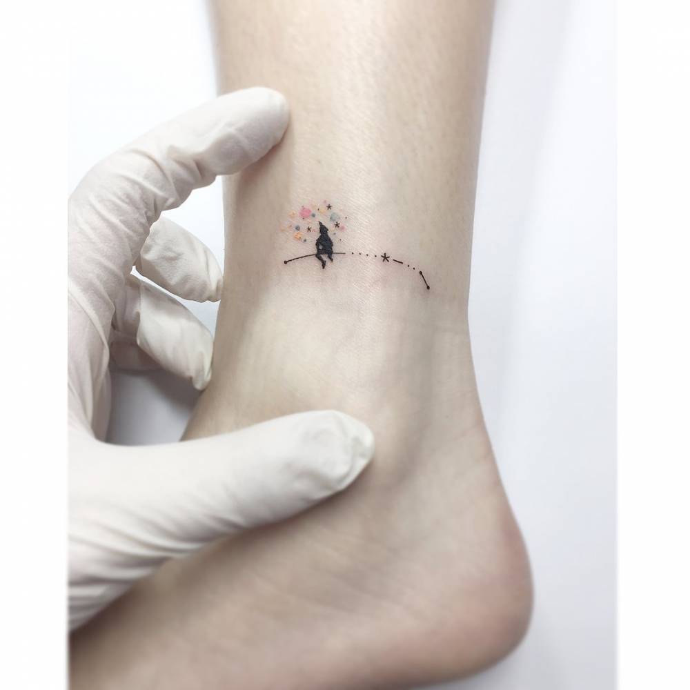Peter Pan and Aries constellation tattoo located on the ankle.