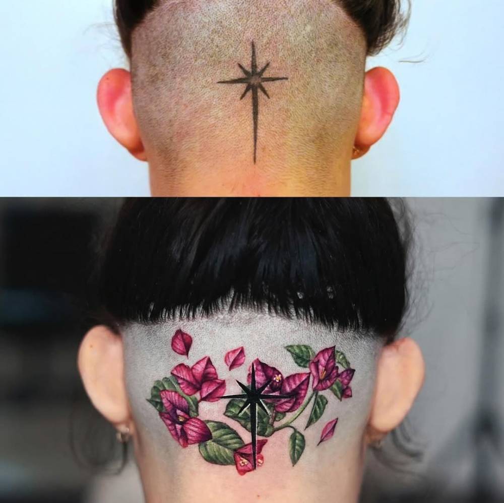 Star of Bethlehem and leaves cover up tattoo located on the head.