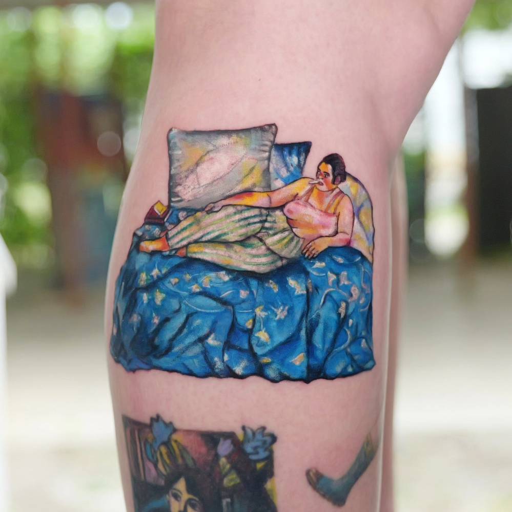'The Blue Room' tattoo in contemporary style located on the calf.