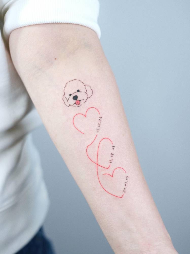 Poodle portrait, hearts and dates tattooed on the inner forearm.