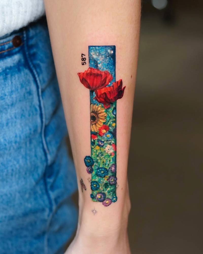Flower collection tattoo located on the wrist, illustrative style.