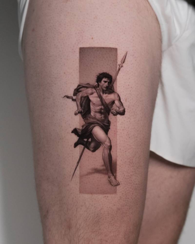 Pheidippides tattoo located on the thigh, classical style.