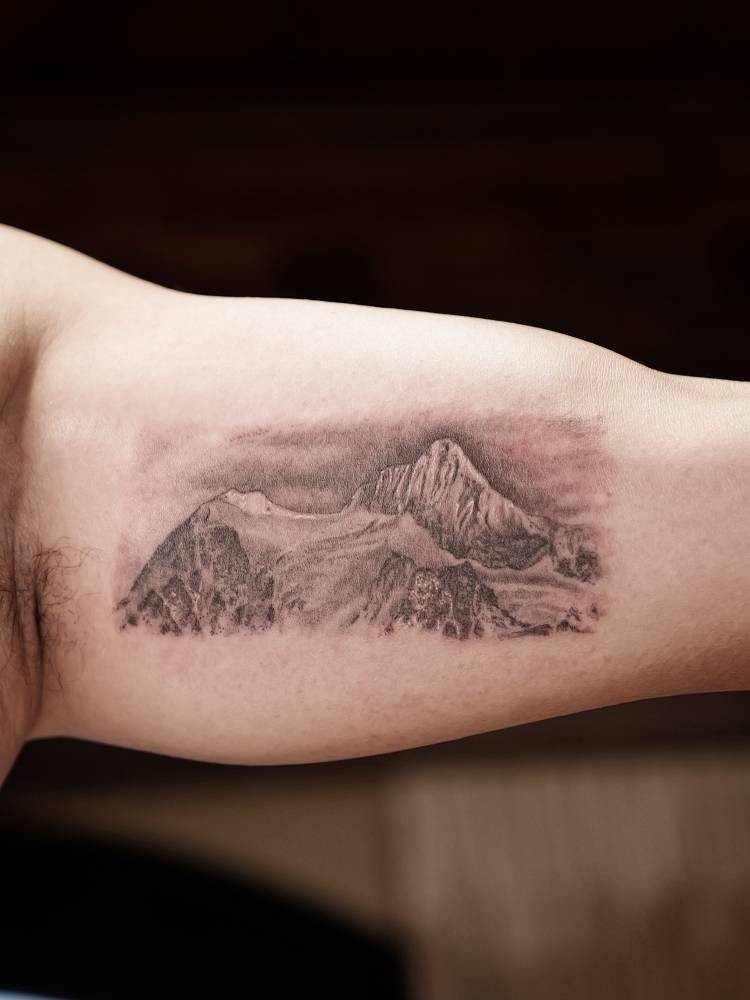 Mountain range tattoo located on the inner arm.