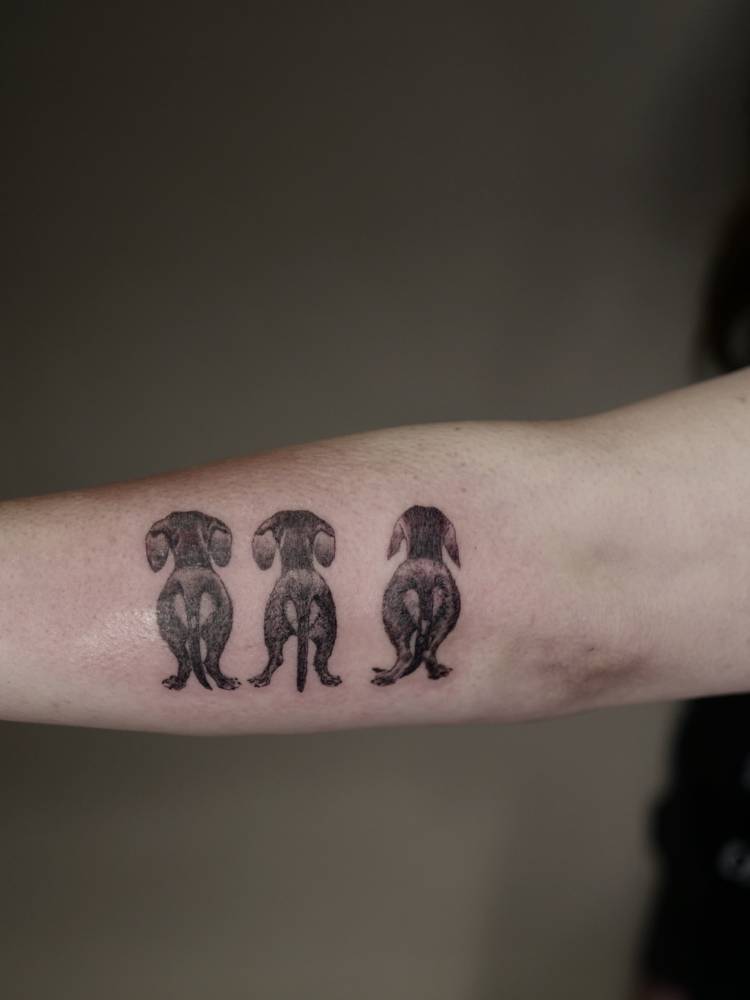 Three Dachshunds backs tattooed on the forearm, micro-realistic style.