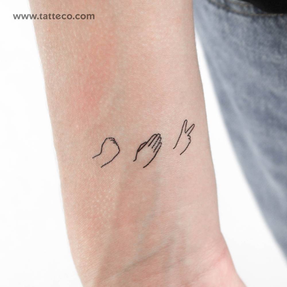 Rock paper scissors hand gestures temporary tattoo.