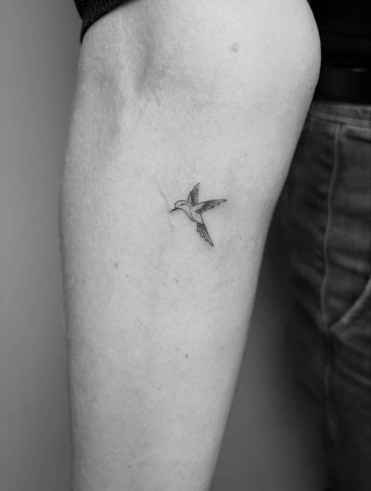 Single needle hummingbird tattoo done on the inner forearm.
