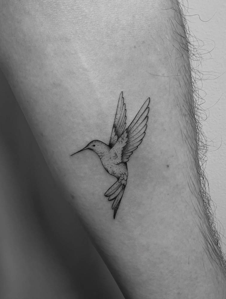 Hummingbird tattoo located on the inner forearm, illustrative style.