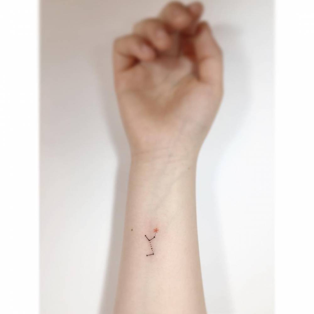 Minimalistic style Virgo constellation tattoo placed on the wrist.