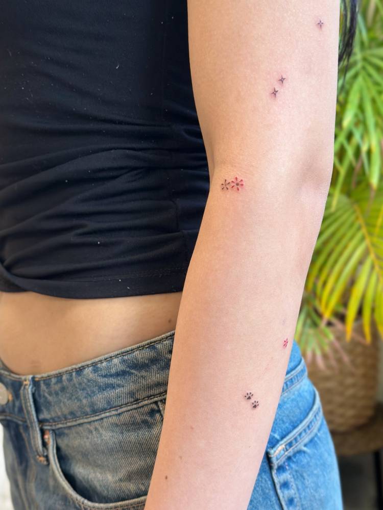 Flowers, stars and dog paw prints tattooed on the arm, minimalist style.