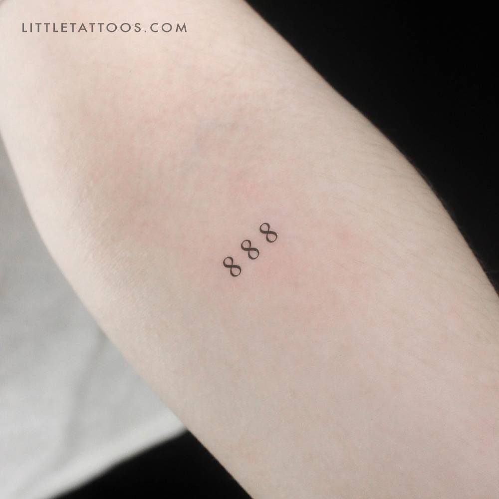 Little "888" angel number temporary tattoo located on the inner forearm.