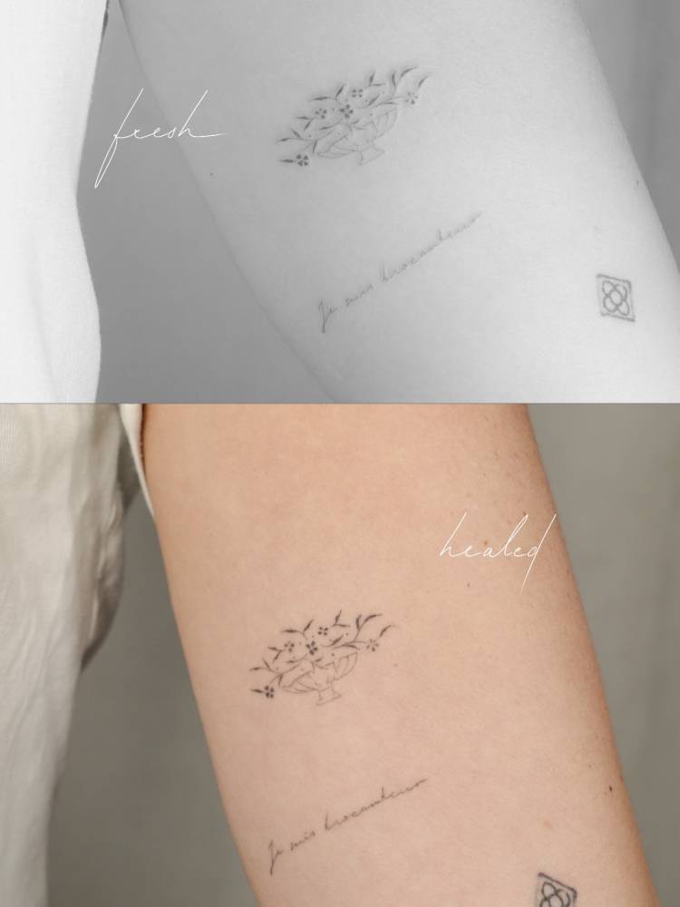 Fine line style flower bouquet tattoo, fresh and healed.