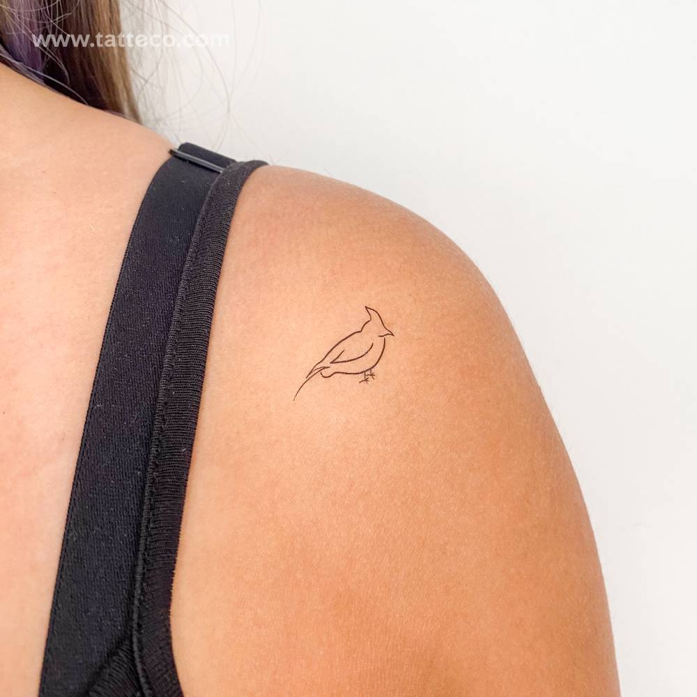 Fine line style cardinal temporary tattoo located on the shoulder.