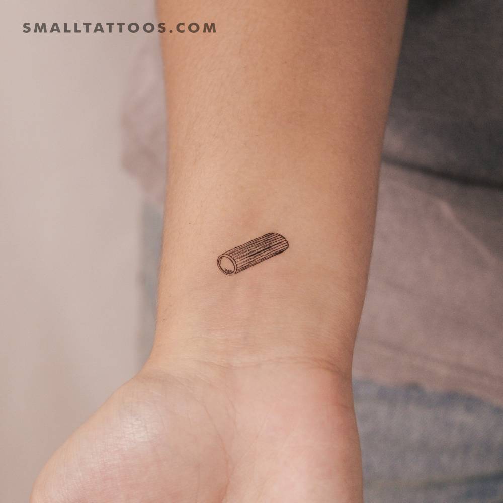 Rigatoni pasta temporary tattoo located on the wrist.