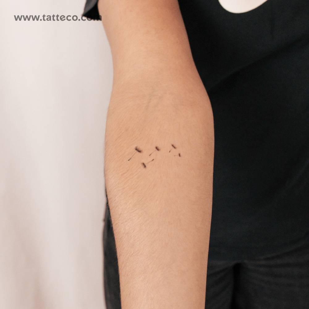 Minimalist dandelion seeds semi-permanent tattoo.