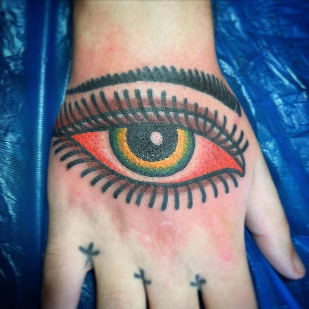 Eye tattoo in traditional style placed on the hand.