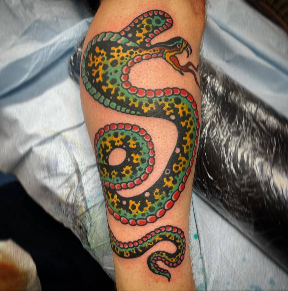 Cobra tattoo in traditional style located on the shin.
