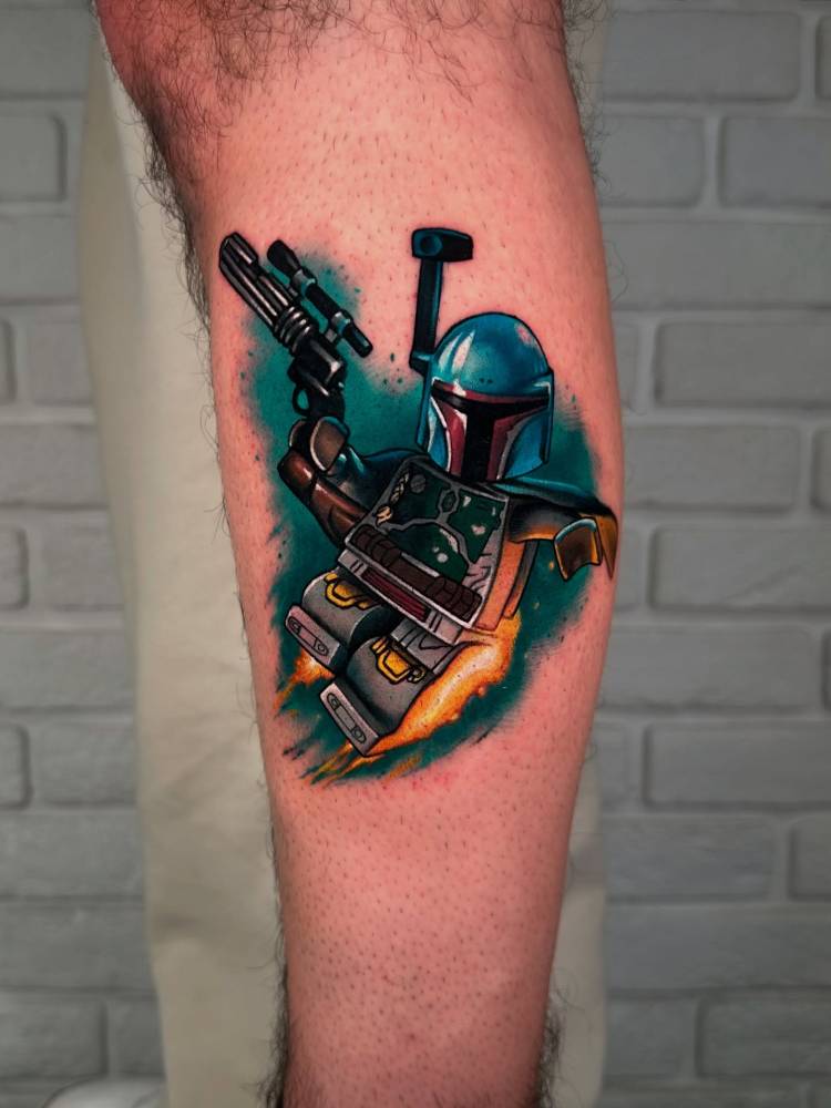 Lego Boba Fett tattoo located on the calf, cartoon style.