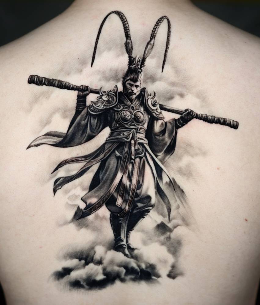 Black and grey Samurai tattoo located on the back.