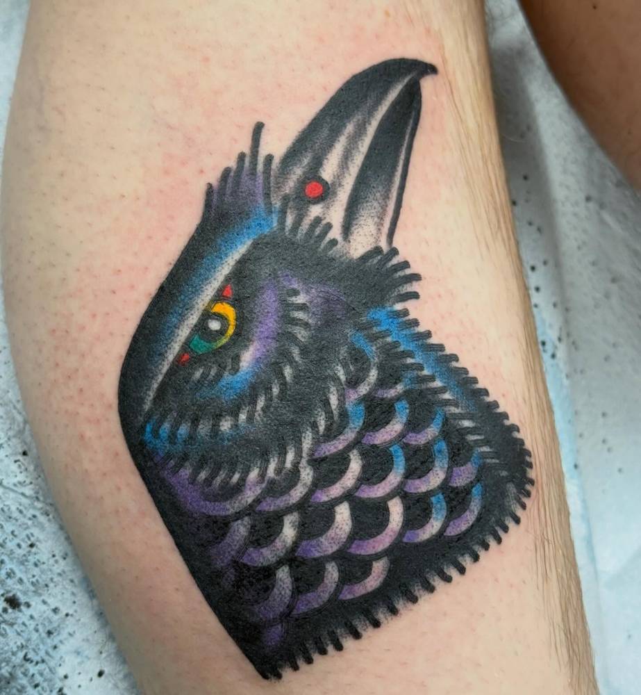 Raven portrait tattoo in traditional style done on the calf.