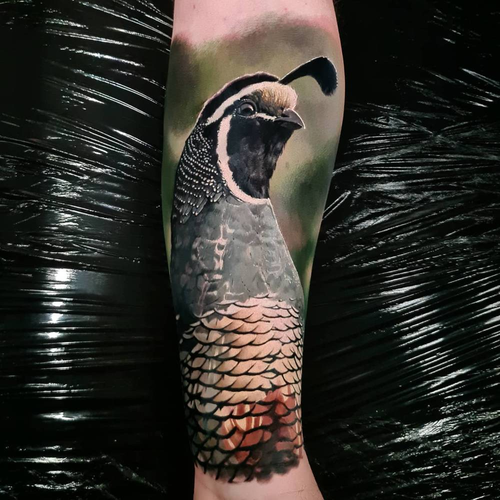 Quail tattoo in realism located on the inner forearm.