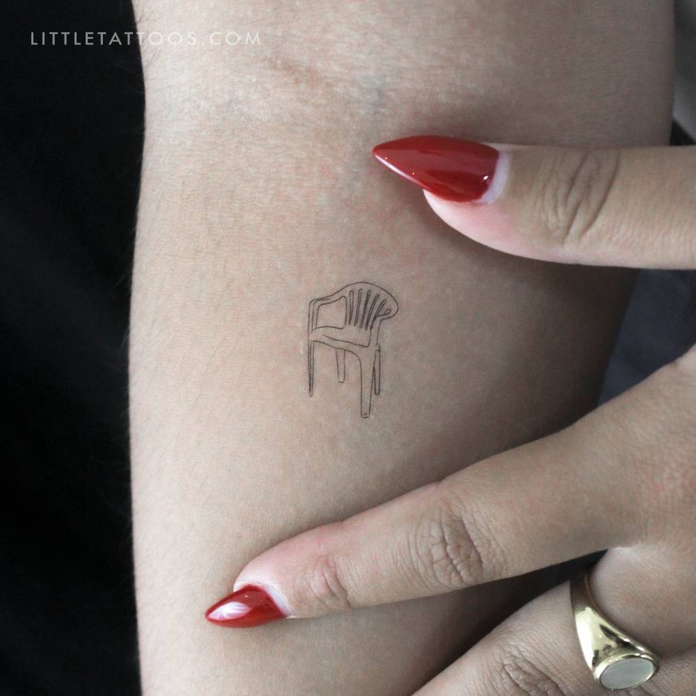 Plastic chair temporary tattoo in fine line style.