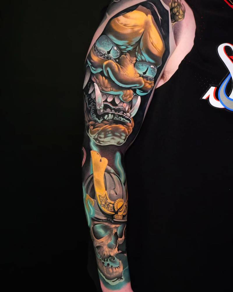 Hannya and skull wearing a kabuto tattoo sleeve in oriental style.
