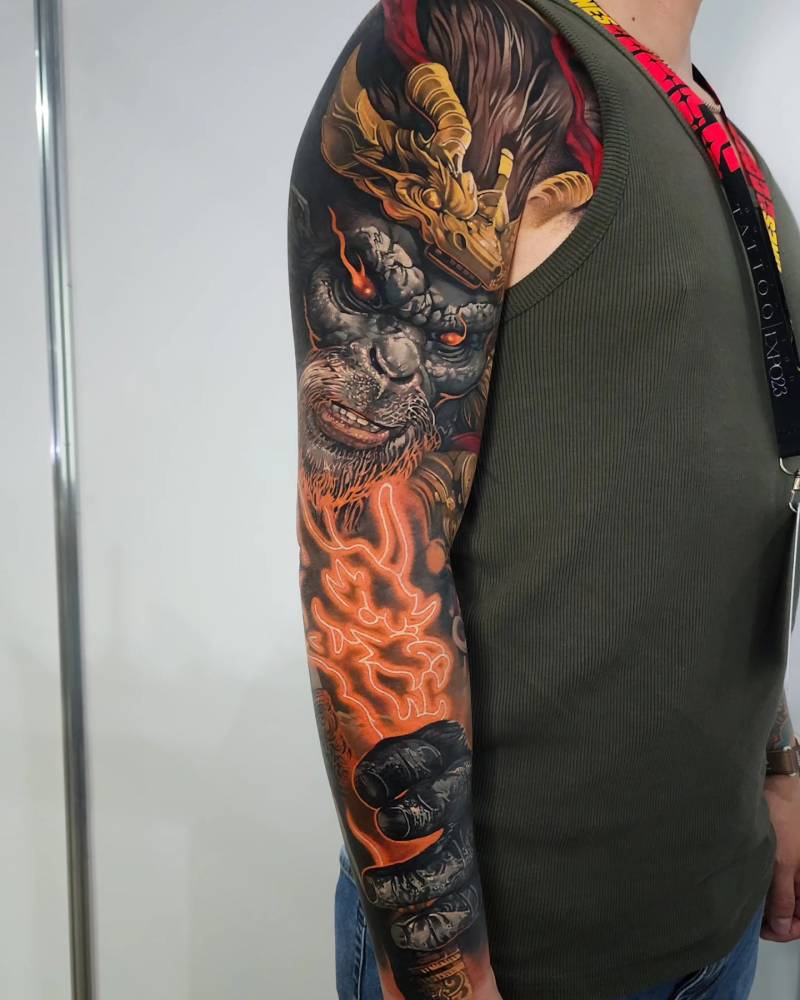 The Monkey King sleeve tattoo in oriental style.