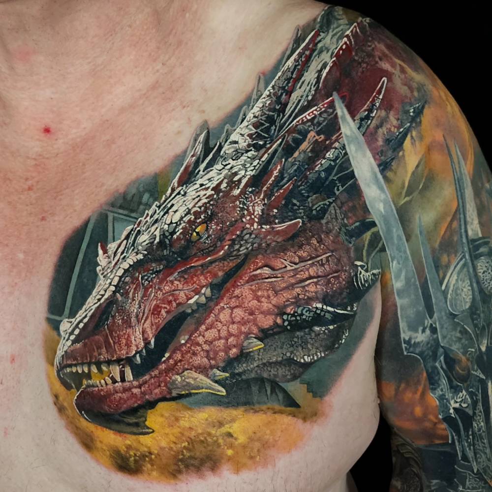 Lord Of The Rings dragon tattoo located on the chest.