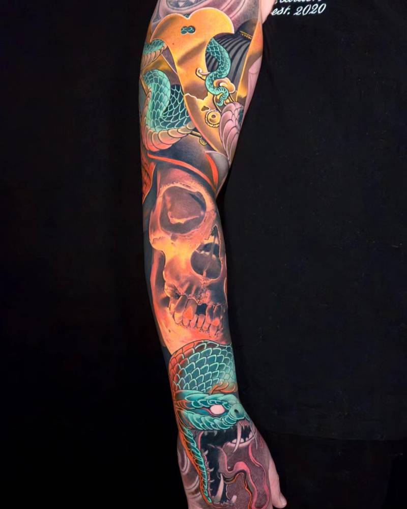 Kabuto skull and snake tattoo sleeve in oriental style.