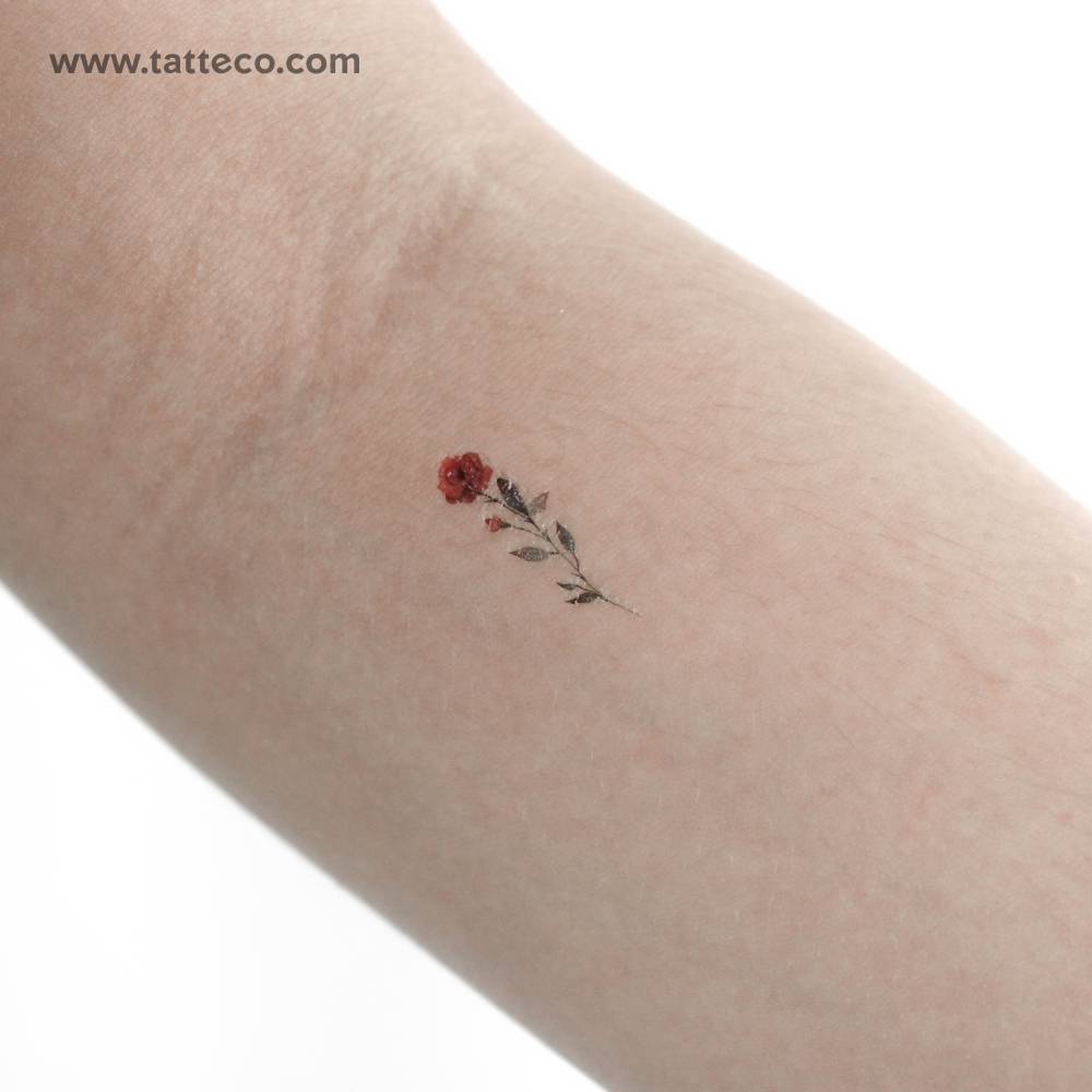Small watercolor red rose temporary tattoo.