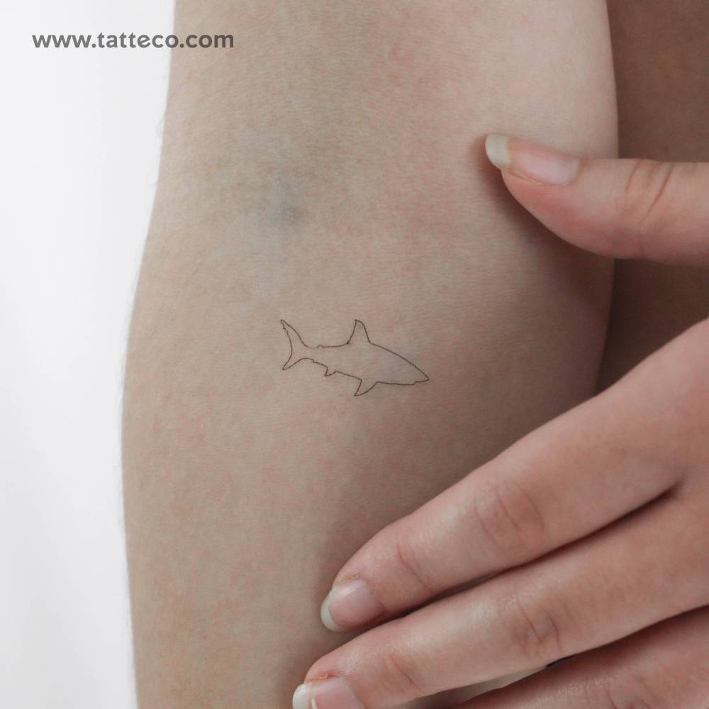 Fine line style shark temporary tattoo located on the inner forearm.
