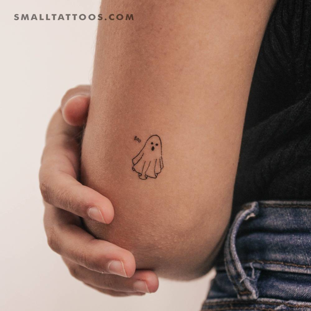Boo ghost temporary tattoo located on the tricep.