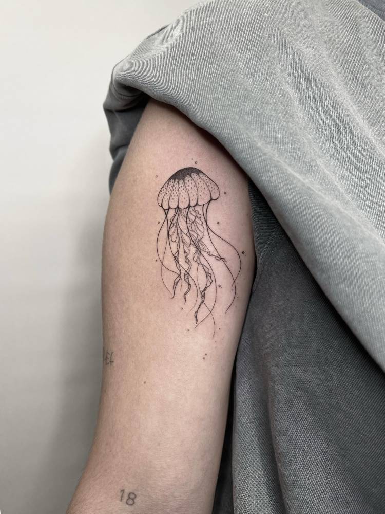 Jellyfish tattoo in illustrative style located on the upper arm.