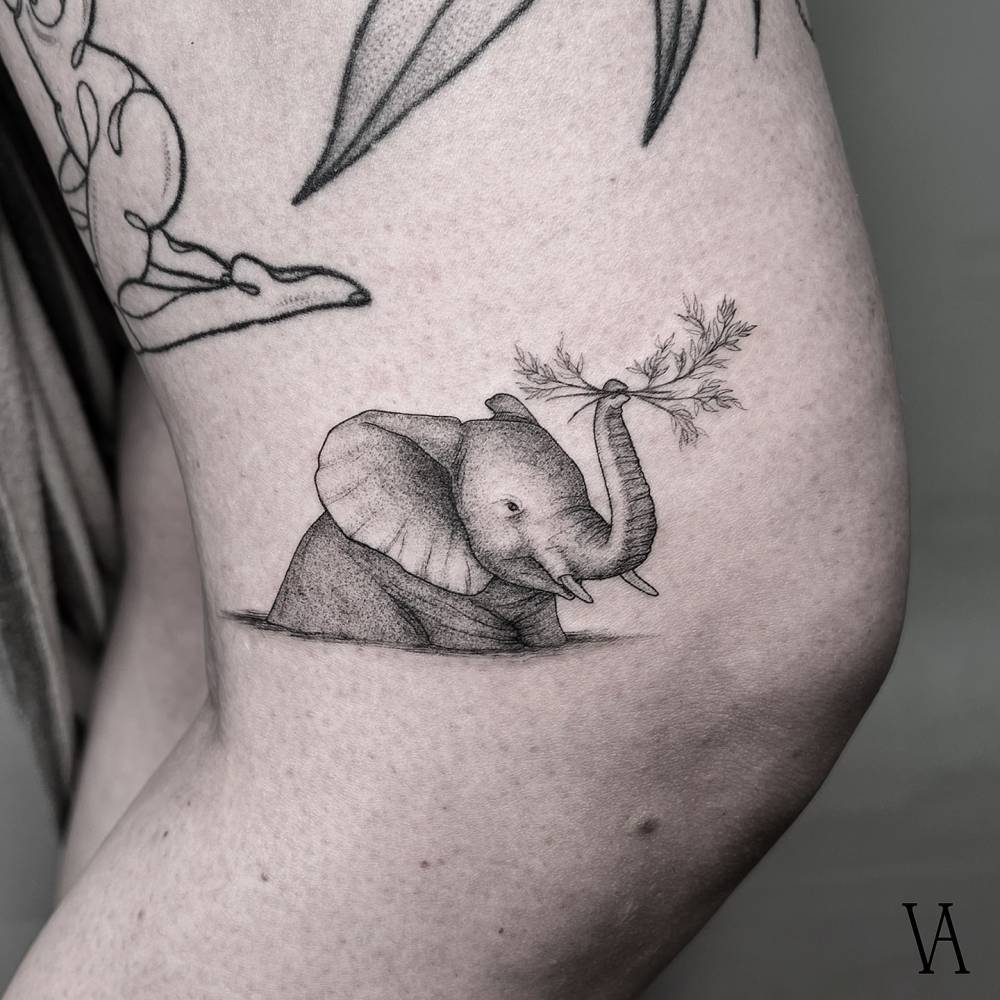 Elephant tattoo located on the knee, done in illustrative style.