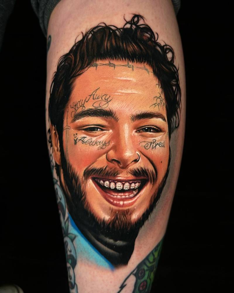 Realistic Post Malone portrait tattoo placed on the calf.