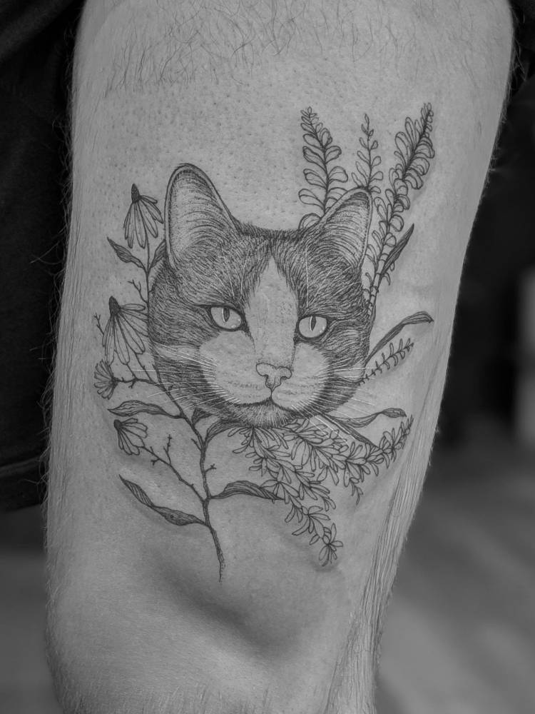 Cat portrait tattoo located on the thigh, illustrative style.