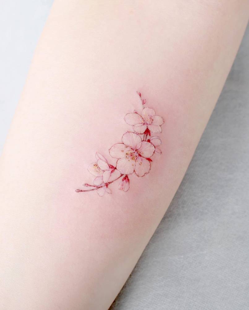 Cherry blossom tattoo in watercolor style located on the inner forearm.